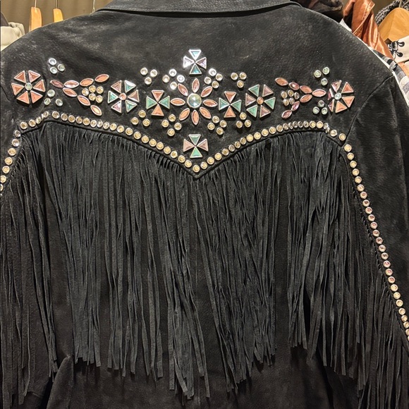 Black Suede Fringe Rhinestone Studded Leather Jacket L Excellent VTG Condition - Picture 11 of 17